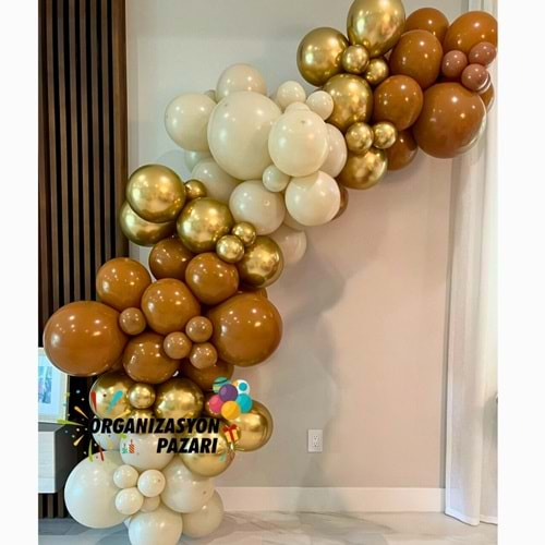 Balon Seti Retro beyaz-Krom Gold-Karamel 60 Lı Balon Zinciri Seti