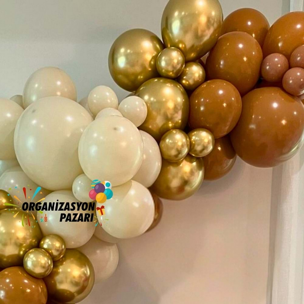 Balon Seti Retro beyaz-Krom Gold-Karamel 60 Lı Balon Zinciri Seti