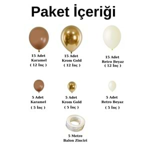 Balon Seti Retro beyaz-Krom Gold-Karamel 60 Lı Balon Zinciri Seti