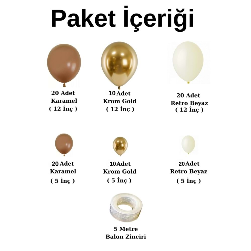 Balon Seti Retro Beyaz-Krom Gold-Karamel 100 Lü Balon Zinciri Seti