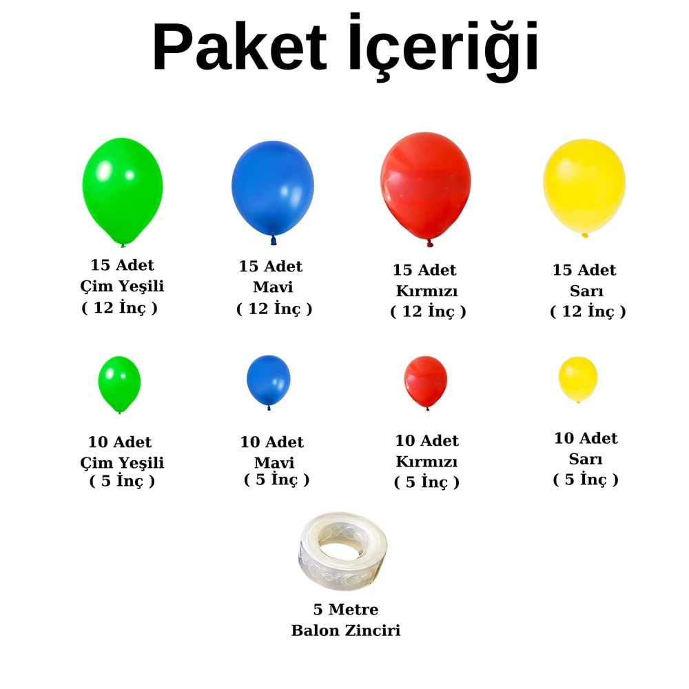 Balon Seti Çim Yeşili-Koyu Mavi-Kırmızı-Sarı 100 Lü Balon Zinciri Seti