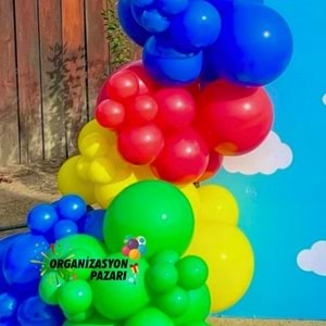 Balon Seti Çim Yeşili-Koyu Mavi-Kırmızı-Sarı 100 Lü Balon Zinciri Seti