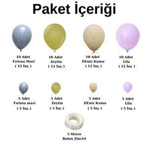 Balon Seti Fırtına Mavisi-Zeytin-DEniz Kumu-Lila 60 Lı Balon Zinciri Seti