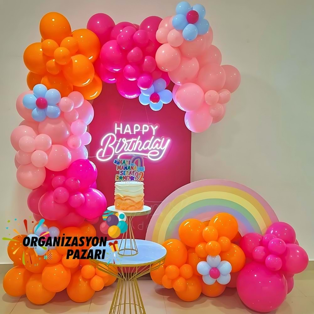 Balon Seti Fuşya-Makaron Pembe-Turuncu-Makaron Mavi 100 Lü Balon Zinciri Seti