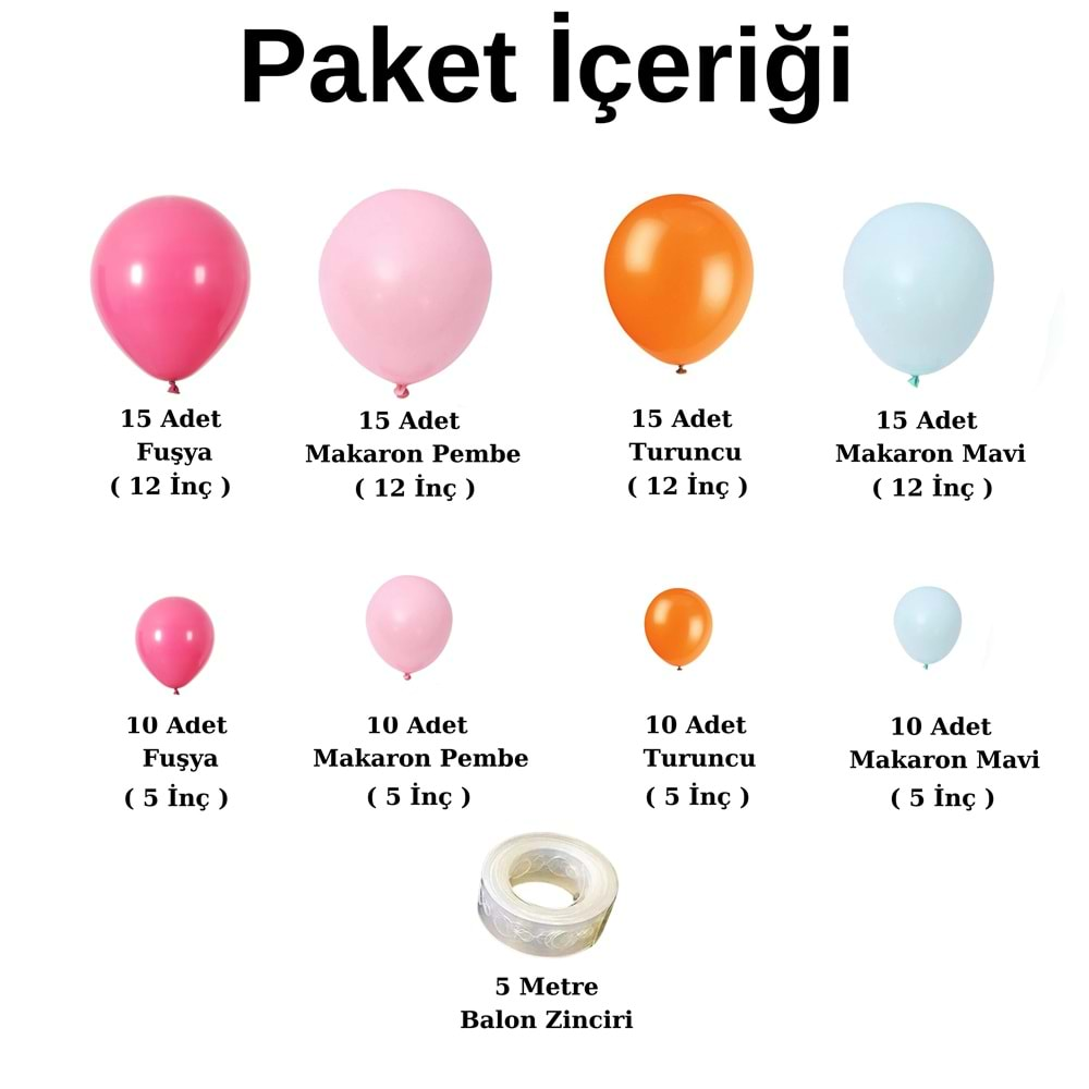 Balon Seti Fuşya-Makaron Pembe-Turuncu-Makaron Mavi 100 Lü Balon Zinciri Seti