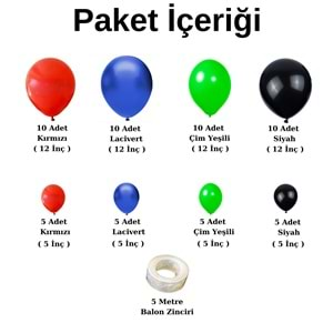 Balon Seti Kırmızı-Lacivert-Çim Yeşili-Siyah 60 Lı Balon Zinciri Seti