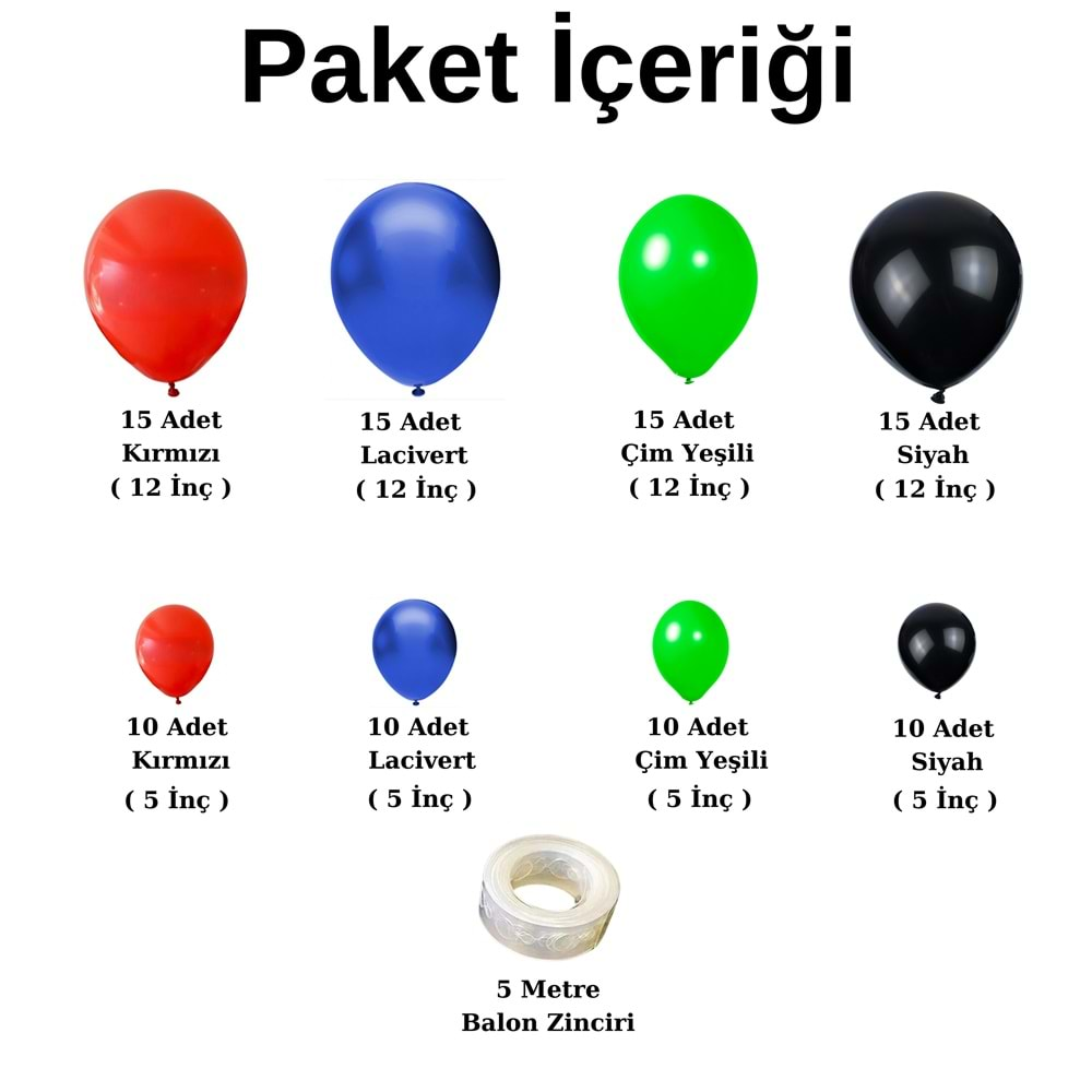 Balon Seti Kırmızı-Lacivert-Çim Yeşili-Siyah 100 Lü Balon Zinciri Seti