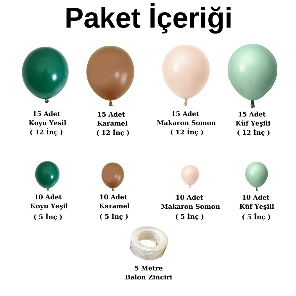 Balon Seti Koyu Yeşil-Karamel-Makaron Somon-Küf Yeşili 100 Lü Balon Zinciri Seti