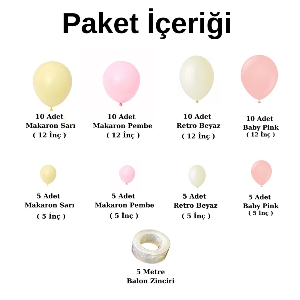 Balon Seti Makaron Sarı-Makaron Pembe-Retro Beyaz-Baby Pink 60 Lı Balon Zinciri Seti