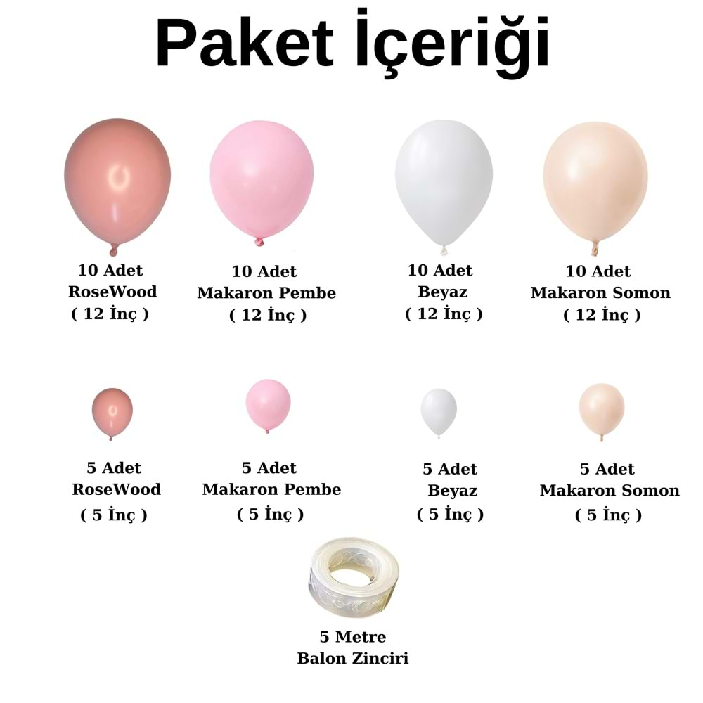 Balon Seti Rosewood-Makaron Somon-Makaron Pembe-Beyaz 60 Lı Balon Zinciri Seti