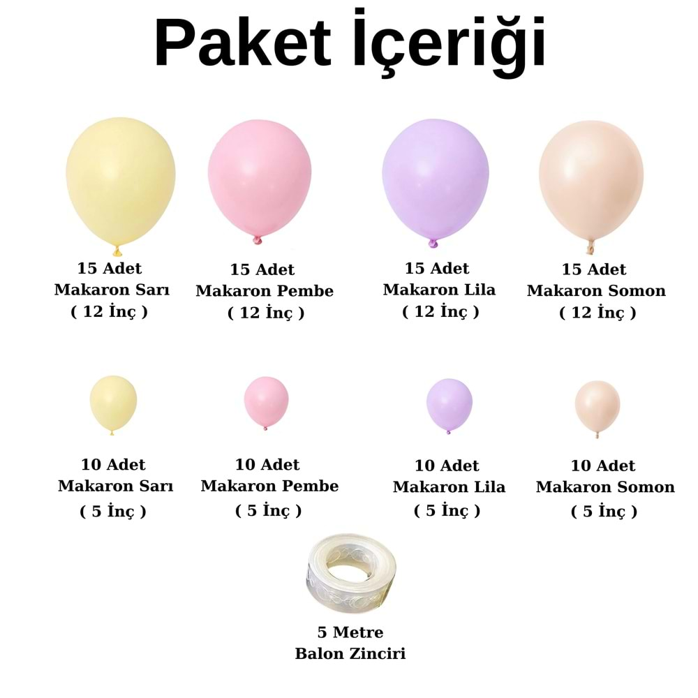 Balon Seti Makaron Sarı-Makaron Pembe-Makaron Lila-Makaron Somon 100 Lü Balon Zinciri Seti