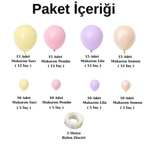 Balon Seti Makaron Sarı-Makaron Pembe-Makaron Lila-Makaron Somon 100 Lü Balon Zinciri Seti