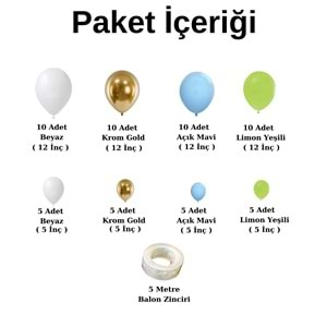 Balon Seti Beyaz-Krom Gold-Açık Mavi-Açık Yeşil 60 Lı Balon Zinciri Seti