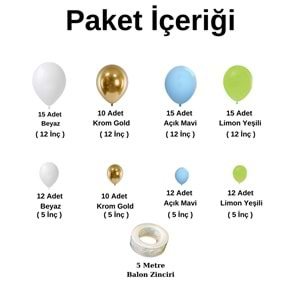 Balon Seti Beyaz-Krom Gold-Açık Mavi-Açık Yeşil 100 lü Balon Zinciri Seti