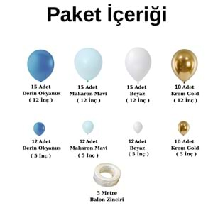 Balon Seti Derin Okyanus-Makaron Mavi-Beyaz-Krom Gold 100 lü Balon Zinciri Seti