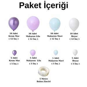 Balon Seti Krom Mor-Makaron Lila-Makaron Mavi-Beyaz 60 Lı Balon Zinciri Seti