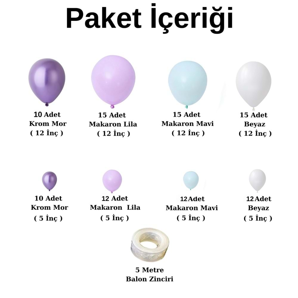 Balon Seti Krom Mor-Makaron Lila-Makaron Mavi-Beyaz 100 lü Balon Zinciri Seti