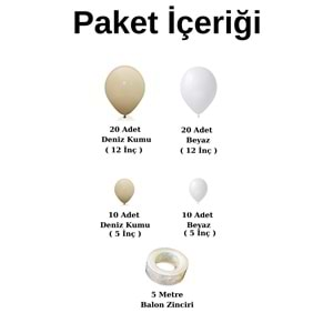 Balon Seti Deniz Kumu-Beyaz 60 Lı Balon Zinciri Seti