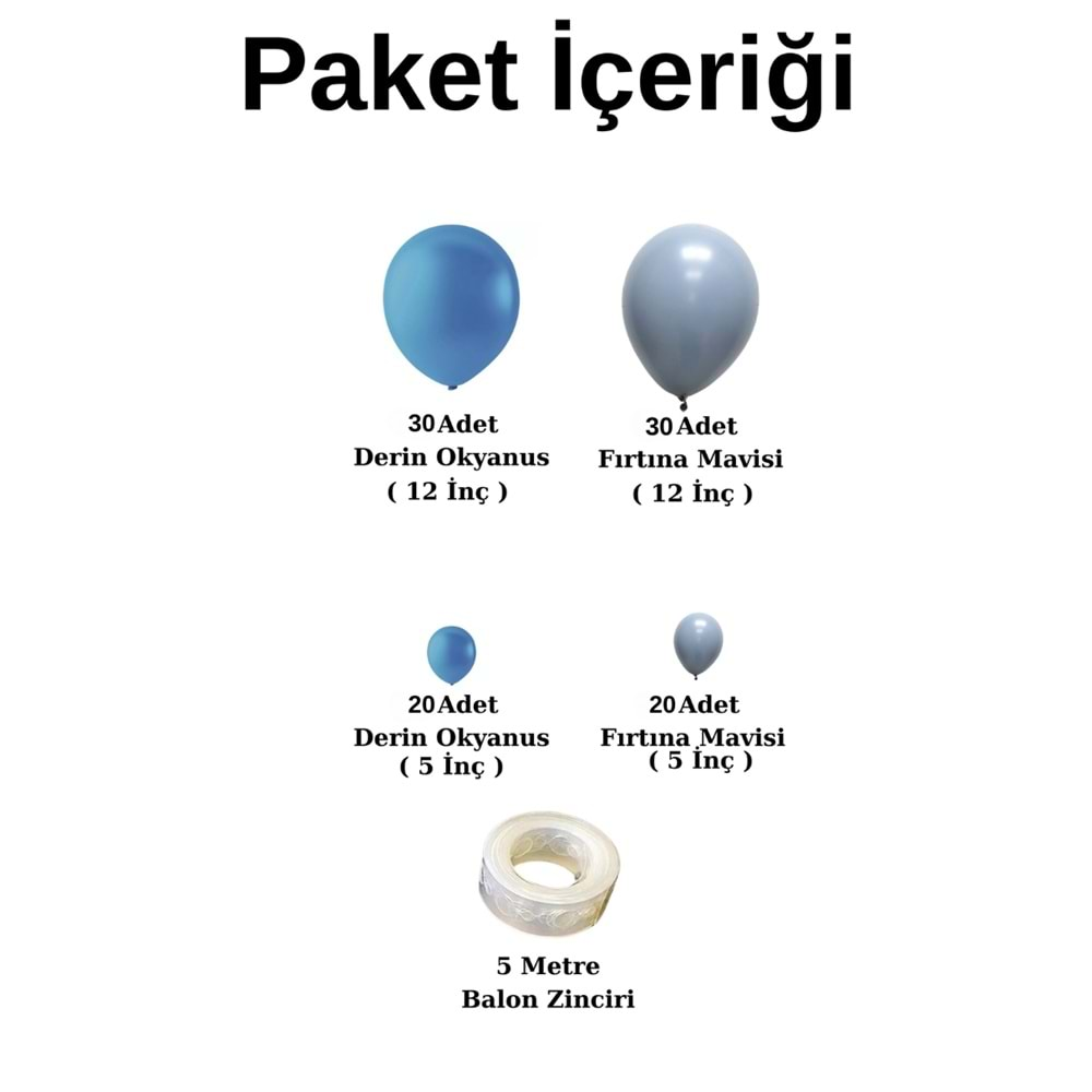 Balon Seti Derin Okyanus-Fırtına Mavi 100 Lü Balon Zinciri Seti