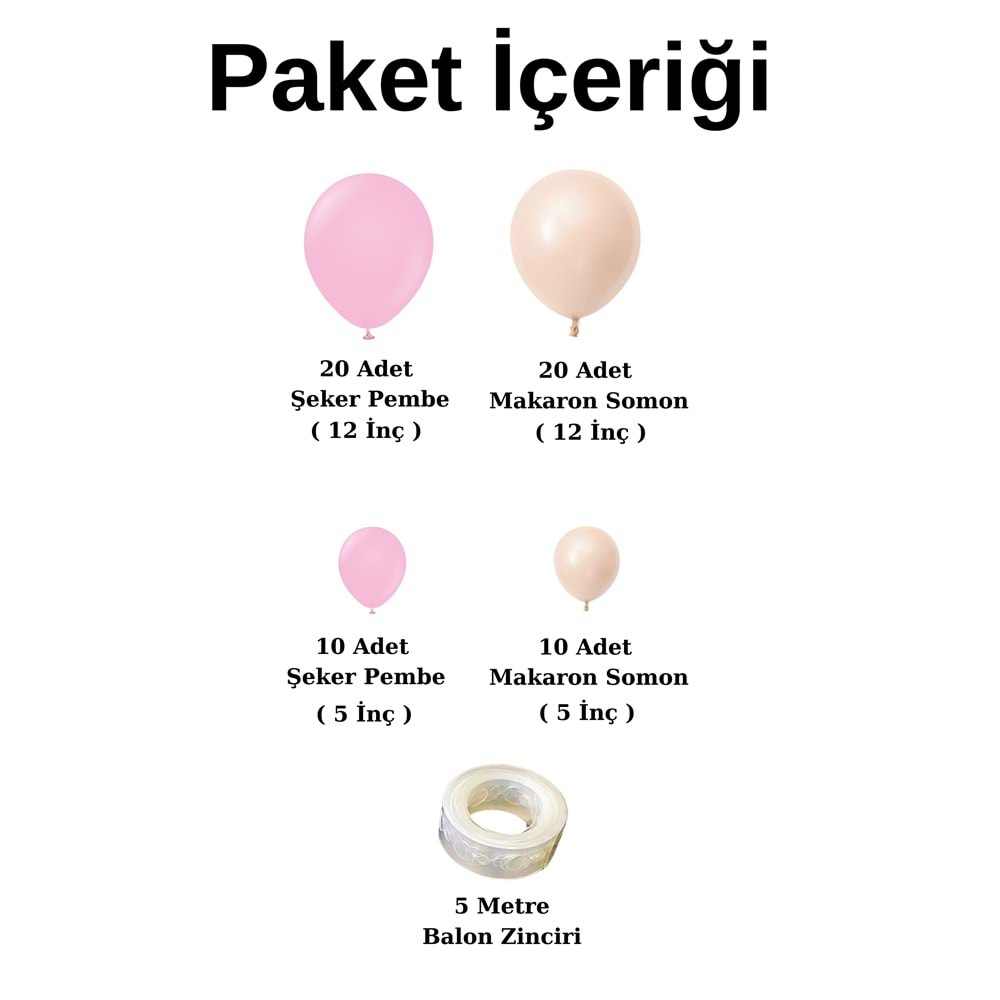 Balon Seti Şeker Pembe-Makaron Somon 60 Lı Balon Zinciri Seti