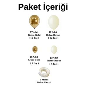 Balon Seti Krom Gold-Retro Beyaz 60 Lı Balon Zinciri Seti