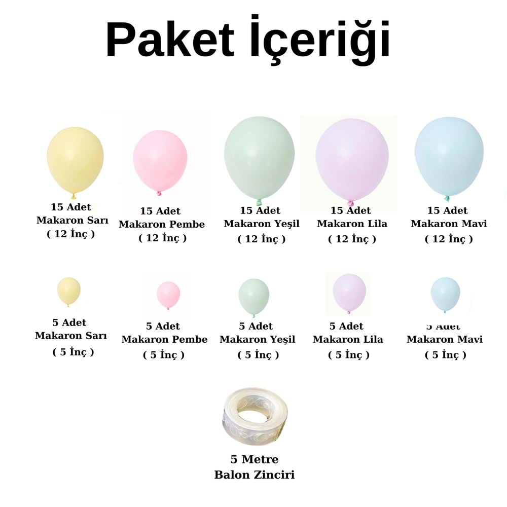 Balon Seti Makaron Sarı-Pembe-Yeşil-Lila-Mavi 100 Lü Balon Zinciri Seti