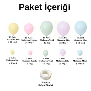 Balon Seti Makaron Sarı-Pembe-Yeşil-Lila-Mavi 100 Lü Balon Zinciri Seti