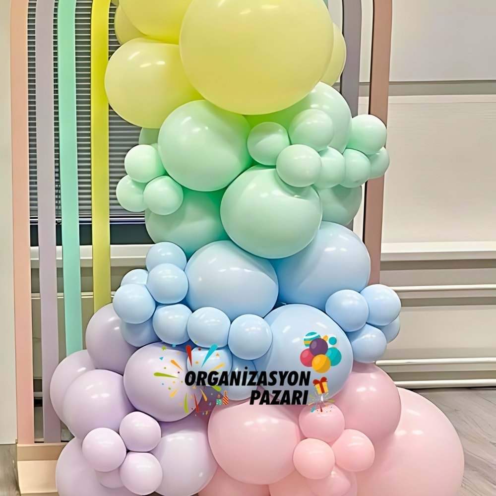 Balon Seti Makaron Sarı-Pembe-Yeşil-Lila-Mavi 100 Lü Balon Zinciri Seti