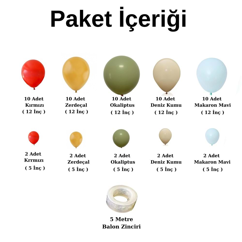 Balon Seti Kırmızı-Zerdeçal-Okaliptus-DenizKumu-MakaronMavi 60 Lı Balon Zinciri Seti