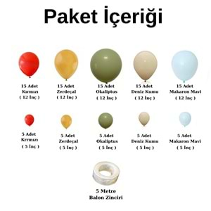 Balon Seti Kırmızı-Zerdeçal-Okaliptus-DenizKumu-MakaronMavi 100 Lü Balon Zinciri Seti