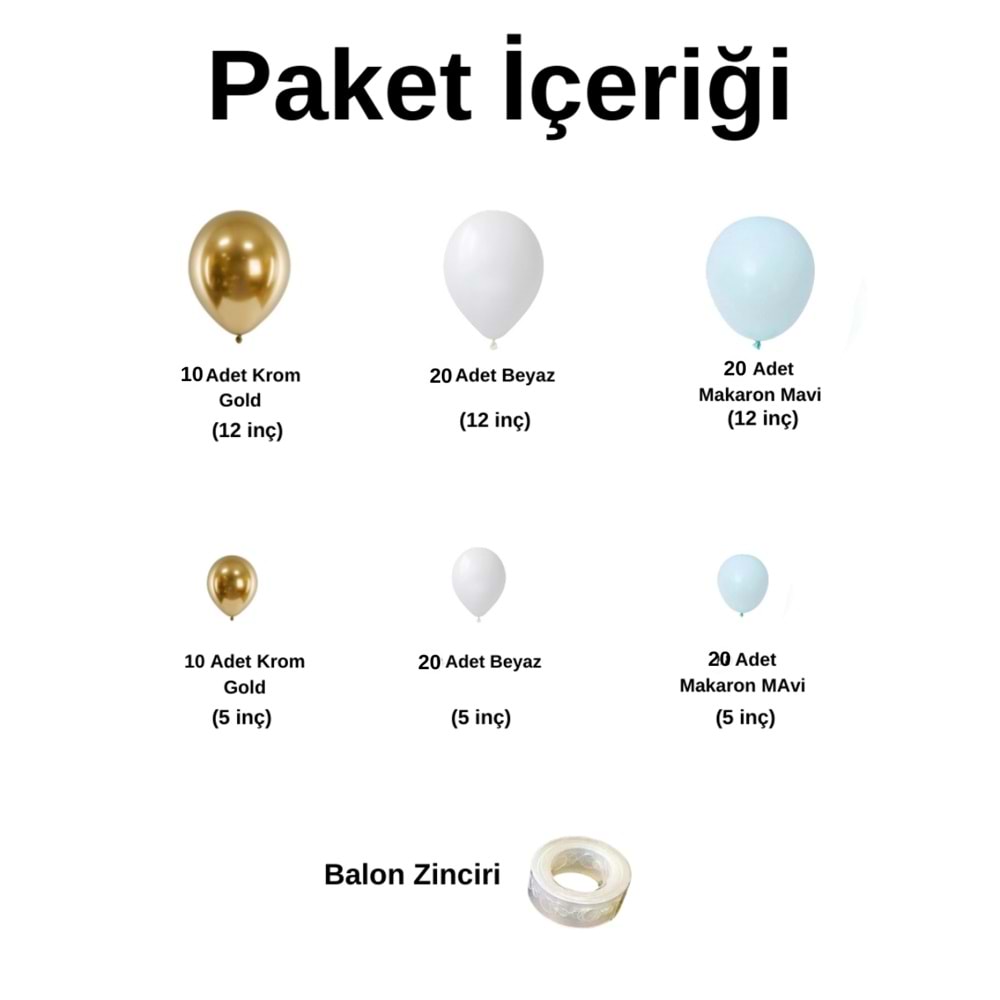 Balon Seti Krom Gold-Makaron Mavi-Beyaz 100 Lü Balon Zinciri Seti