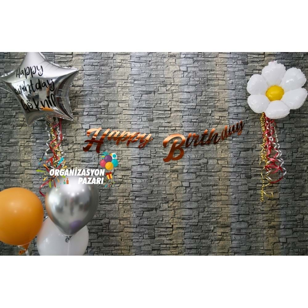 Rose Gold Renkli Metalik Happy Birthday El Yazısı Banner