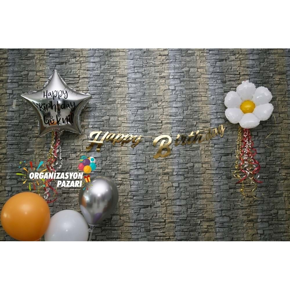 Gold Renkli Metalik Happy Birthday El Yazısı Banner