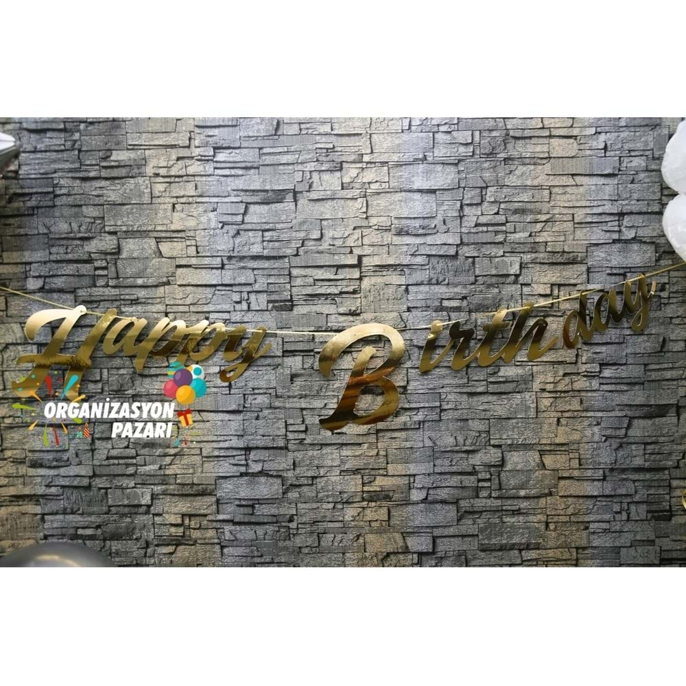 Gold Renkli Metalik Happy Birthday El Yazısı Banner