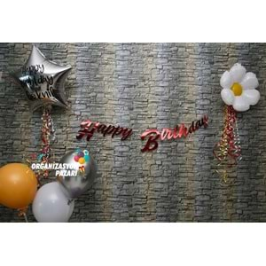 Kırmızı Renkli Metalik Happy Birthday El Yazısı Banner