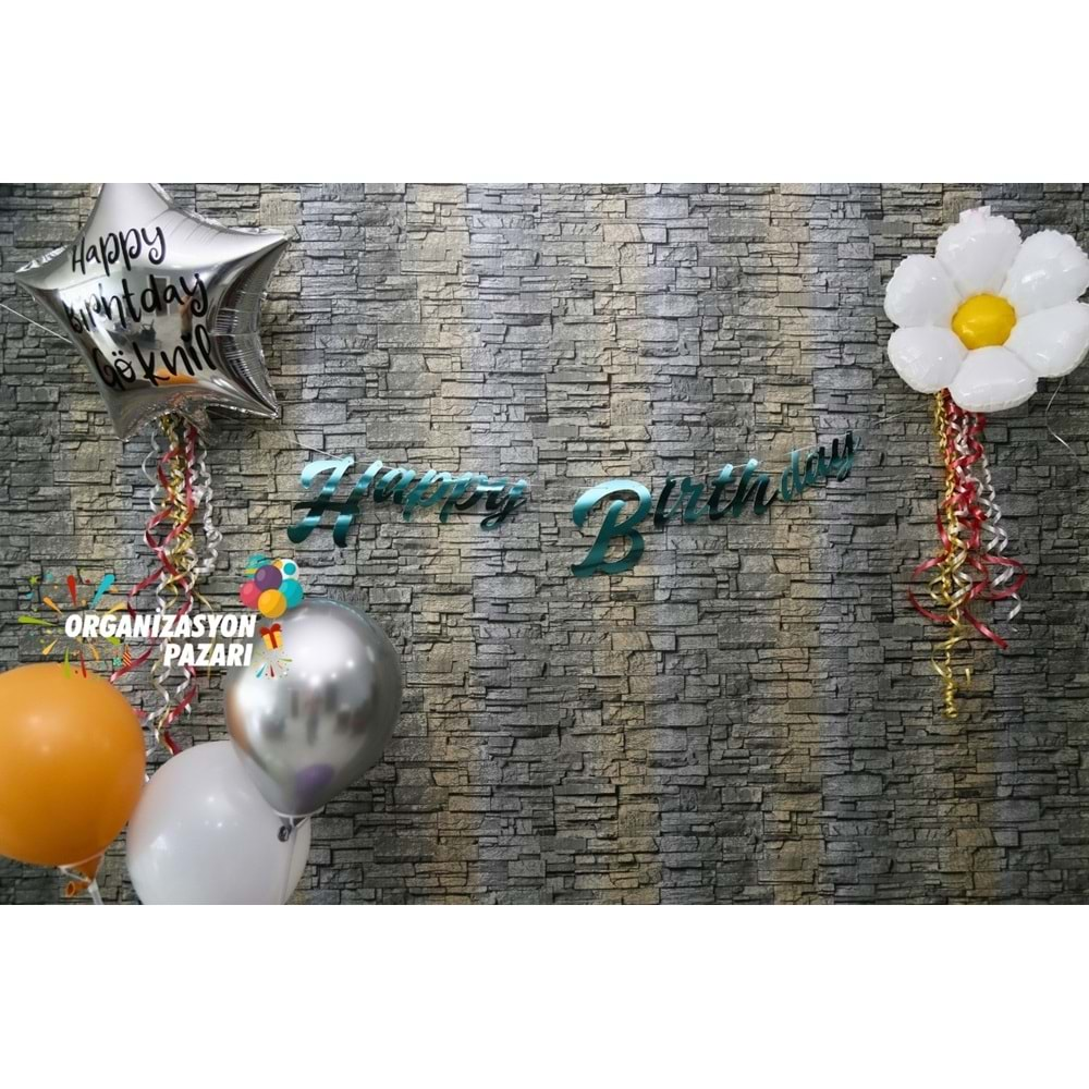 Turkuaz Renkli Metalik Happy Birthday El Yazısı Banner